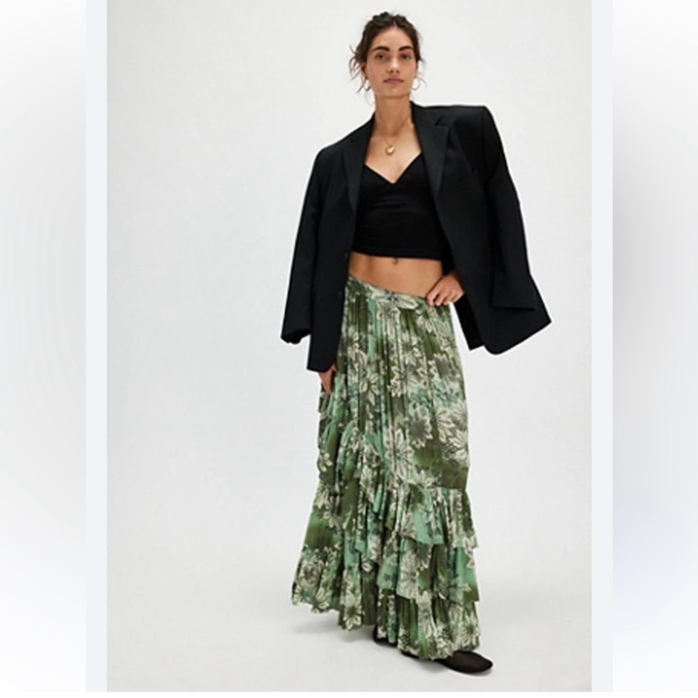Free People Green Floral Tiered Maxi Skirt - Picture 2 of 8
